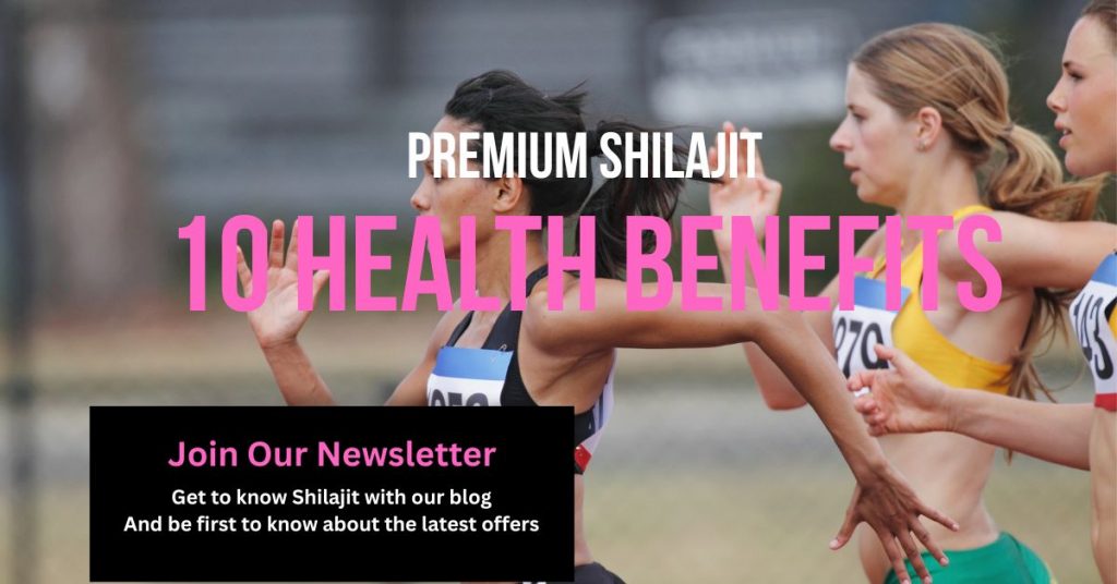 Female Athletes Competing in a Race. Text says Premium Shilajit - 10 Health Benefits