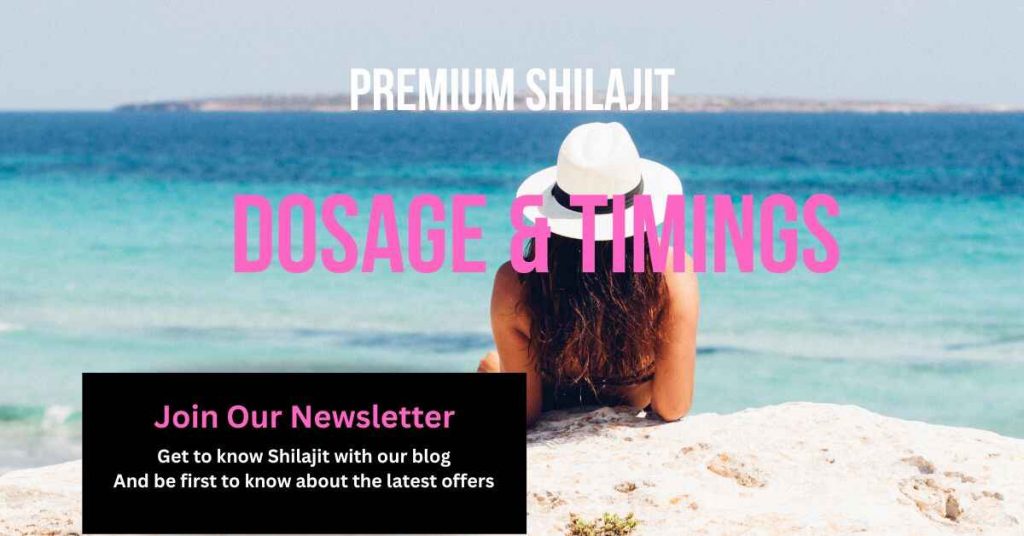 Woman sitting on a beach facing the sea. Text reads - Premium Shilajit, Dosage and Timings