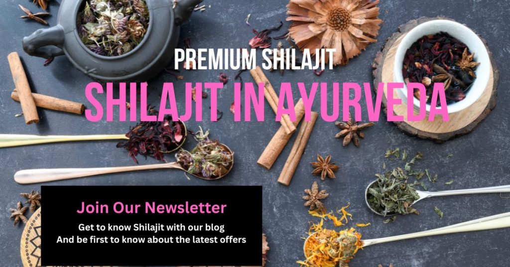 Natural herbs and utensils with the text Premium Shilajit - Shilajit in Ayurveda