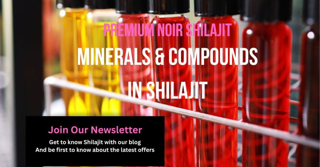 Test tubes with coloured fluid with text across image which says 'Minerals and Compounds in Shilajit'