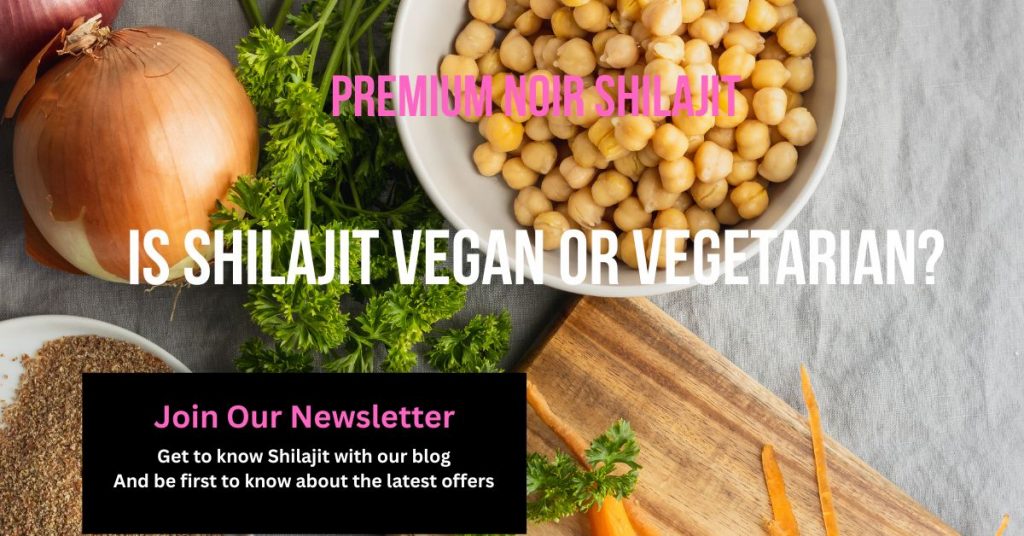 Vegetarian and Vegan food on a table with the text 'Is Shilajit Vegan or Vegetarian'